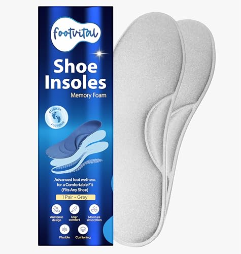 Image of Footvital Memory Foam Shoe Insoles for Men and Women | Soft Cushioned Inserts for Long Standing and Walking | Supports Heel and Arch | Shock Absorbing | Moisture Absorbing | Lightweight Washable Insoles for All Shoes | 1 Pair | Grey | Size 6