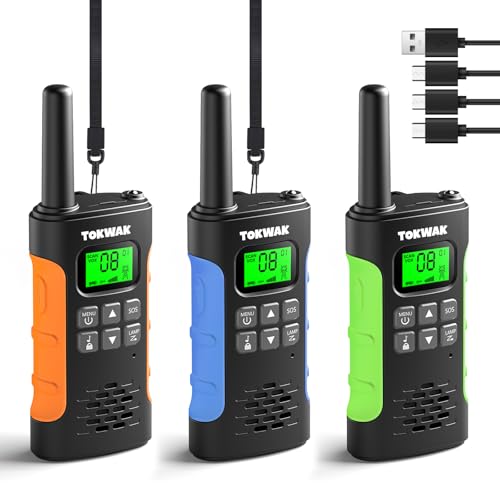 TOKWAK Walkie Talkie para Niños Adultos, 3pcs Walkie Talkies Recargable con Batería, VOX y Linterna, Walkie Talkie Largo Alcance 3KM, 16 Canales Walky Talky para Exteriores, Camping, Senderismo