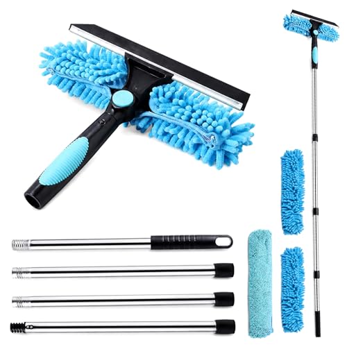 Kit Limpiacristales Telescópico 2 en 1 170 cm con Racleta de Silicona y Paños de Microfibra, Mango Extensible con Cabezal Giratorio para Ventanas Altas, Mamparas de Ducha, Coche y Paneles Solares
