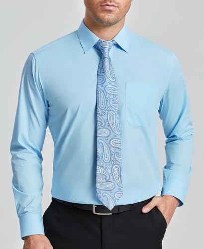 Image of HISDERN Mens Dress Shirt with Tie Pocket Square Set Classic Button Down Shirt Matching Tie Long Sleeve Shirts