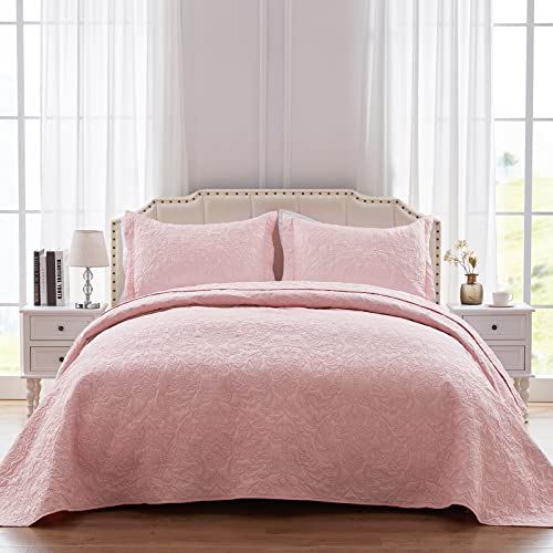 Sunstyle Home Full/Queen Size Quilt - Lightweight Summer Light Pink Quilt Set Full/Queen - Down-Alternative Quilt - Soft Bedspread Coverlet Bedding Set For All Season 3 Pieces(1 Quilt, 2 Pillow Shams) #TOP3