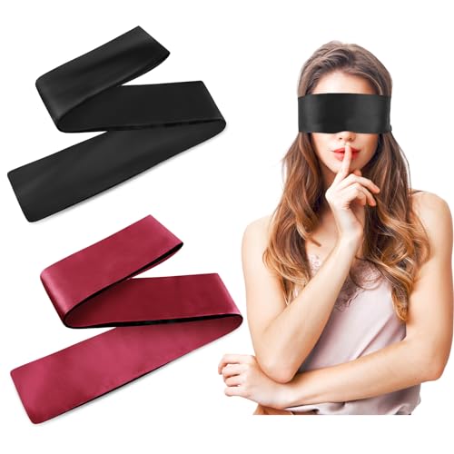 Prasacco 2 Stück Satin Augenbinde, Weiche Schlafmaske 150 x 7 cm Verstellbare Augenabdeckung Reise-Augenmaske Satin Augenmaske für Frauen, Männer, Erwachsene, Paare (Schwarz, Weinrot)