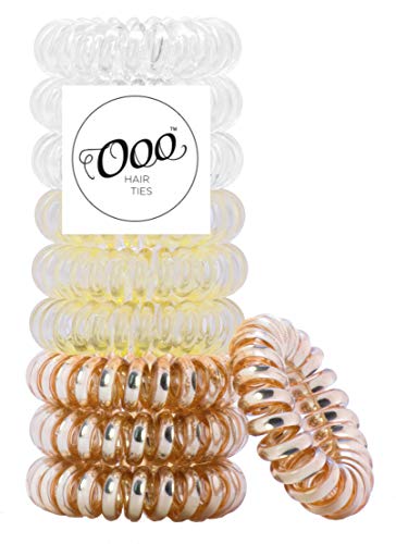 10 pack Twist Swirl PATENTED OOO Hair Ties. Ponytail holder spiral coil traceless gentle rubber bands. For all types of hair. LARGE SIZE (Gold, Blonde, Clear)