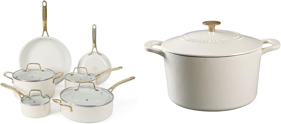 Martha Stewart Lockton Premium Nonstick PFA Free Ceramic Interior 10 Piece Heavy Gauge Enamel Aluminum Pots and Pans Cookware Set - Linen White w/Gold Handle & Gatwick 7 QT Enamel Cast Iron Dutch Oven