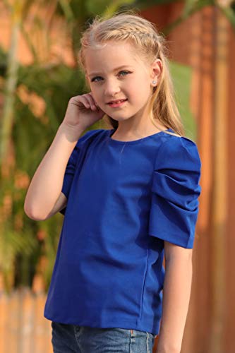 Image of GORLYA Girl's Puff Sleeve Casual Solid T-Shirt Pullover Keyhole Back Blouse Tops for 4-14T Kids