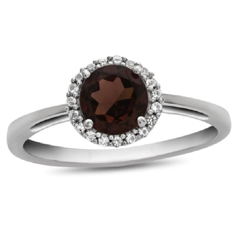 Bague de mariage femmes argent 925 coupe ronde quartz fumé gemme