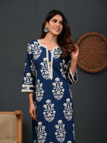 Image of Rimeline Women's Cotton Printed Kurta with Lace Yoke Detail | Elegant Straight Fit Ethnic Wear for Office, Casual & Daily Styling