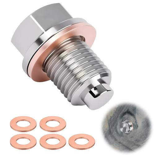 ACKKOR Magnetic Oil Drain Plug, Universal Stainless Steel Sump Drain Nut Bolt with 5 Copper Crush Washers Replacement Oil Plug for Most Car Model Motorcycle Engine(M14x1.5)