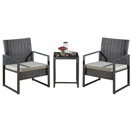 Yaangagpe 3-Piece Rattan Garden Furniture Set Rattan Bistro Set with 1 Coffee Table & 2 Seater Chairs with Grey Removable Cushions Outdoor Furniture for Patio Balcony Poolside