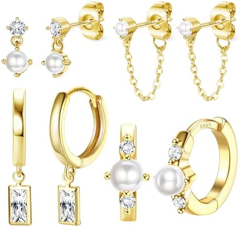 4 Pairs Sterling Silver Post Pearl Hoop Earrings for Women Trendy 14K Gold Plated Huggie Hoop Earrings Cartilage Stud Earrings Sets for Multiple Piercing Small Gold Pearl Hoop Earrings