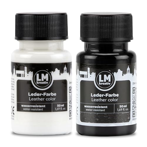 LM-Kreativ Lederfarbe 2 x 50ml - Schwarz & Wei&szlig; - Hochwertige Farbe f&uuml;r Lederpflege und Leder Reparatur - Ideal f&uuml;r Sneaker, Schuhe und Taschen - F&uuml;r Glattleder, Kunstleder und Lederoberfl&auml;chen