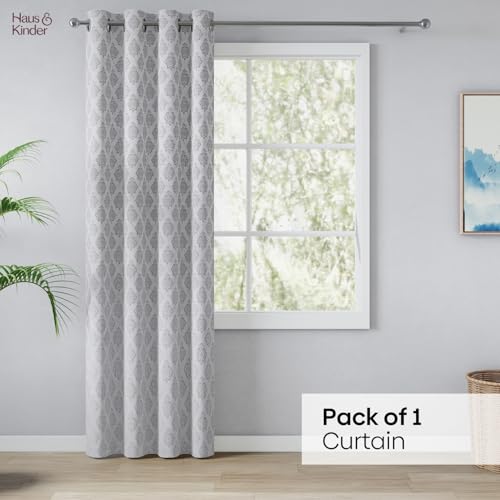 Image of haus & kinder Jacquard Door Curtain 7 Feet Long Pack of 1 Door Curtain, 7 Feet Curtain for Door (Silver Crest, Grey Classic Damask Design 130x213 CM)