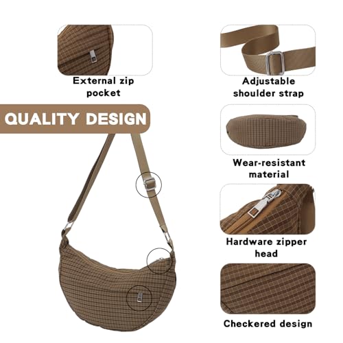 Checkered Nylon Crescent Bag for Women,Moon Bag with Metal Zipper and Card Slots4
