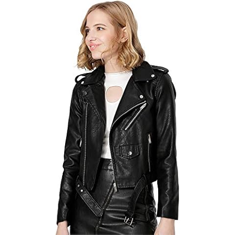 Jhichic Women's Faux Leather Textured Short Moto Jacket Zip-up Slim PU Biker Coat with Pockets (Black, L) Cover