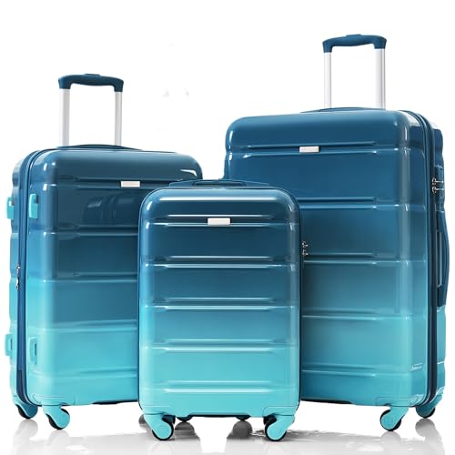 RUNNA Luggage Set of 3, 20-inch with USB Port, Airline Certified Carry-on Luggage with Cup Holder, ABS+PC Hard Shell Luggage with Spinner Wheels (Blue@090)