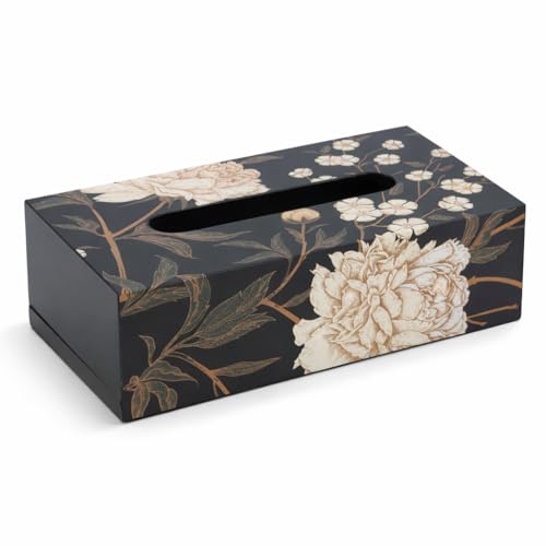Image of Reinvention Factory Wooden Tissue Box Holder for Dining Table & Home | Tissue Paper Box Holder, Wooden Tissue Box Cover | Decorative Black Floral Tissue Holder for Bathroom, Office, Living Room