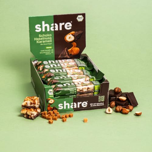 share Bio Nussriegel Schoko Haselnuss Karamell 15 x 35 g – vegan – ohne Palmöl – Bio Snackriegel – Haselnüsse, dunkle Schokolade & Karamell – Spendet Mahlzeiten