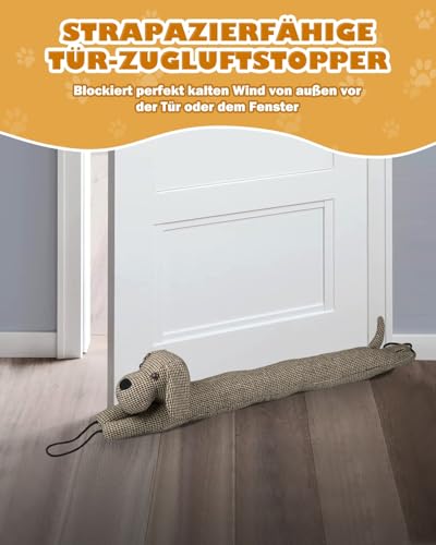 Zugluftstopper Für Türen 93cm, 1.1KG Schwer Zugluftstopper Tür, Schutz vor Luftzug und Lärm, Tier Dekorative Windstopper mit Hängenden Schlaufen, für Türen und Fenster, Brauner Dackel