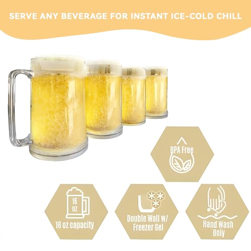 Image of Lily's Home Freezer Beer Mugs with Handles, 16 oz Set of 4 - Clear Frosted Double Wall Insulated Acrylic, Gel-Filled, Break-Resistant for Home Bar, Pool Parties, BBQ & Outdoor