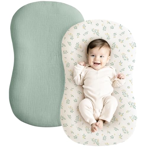 Image of Konssy Muslin Baby Lounger Cover 2 Pack, 100% Cotton Newborn Lounger Cover, Soft and Breathable Lounger Cover for Boys Girls, Covers Only (Leaf,Green)