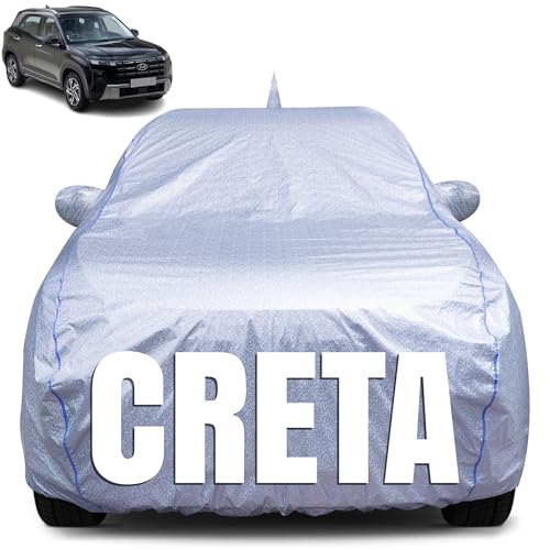 Image of 100% Waterproof Car Body Cover for Hyundai Creta (2015-2025) with Mirror Pocket, Heat & UV Resistant, Triple Stitched, Soft Lining, Bottom Elastic & Piping (Silver Reflective)