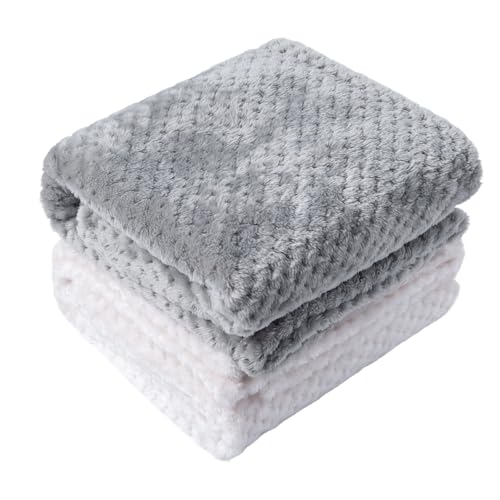 SLSON 2 Pack Pet Blankets for Puppies, Washable Dog Blankets for Small Dogs Pet Throw Blanke for Bed Covers, Couch, Sofa, Crate, Warm Soft Cat Blankets for Indoor Cats (Grey and White)