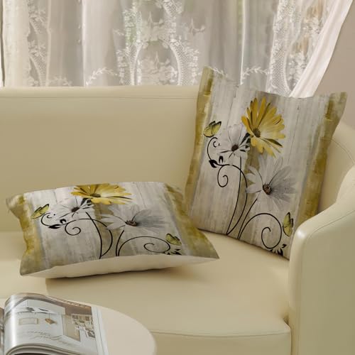 Gloteery Vintage Throw Pillow Covers 16x16 Inch 2 Pcs Yellow Daisy Floral Butterfly Decor Pillow Covers Rustic Flower Spring Summer Outdoor Decorative Pillowcase Linen Cushion Cover for Couch Sofa — view 4