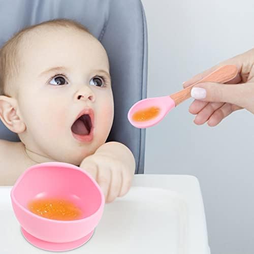 SECFOU 3pcs/Set Infant Self Baby Pocket Dinning Toddler Snaps Adjustable for Feeding / Bowl Bibs Bib Spoon Eating Food Silicone Safe Bowls and Apron Pink Catcher Spoons Kids Supplies