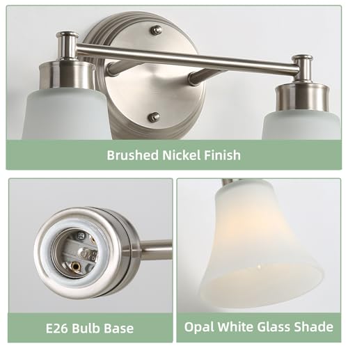 Image of LOUSACE 2 Light Bathroom Vanity Light Brushed Nickel Bathroom Lighting Fixtures Over Mirror with Opal White Frosted Glass, Vintage Traditional Wall Lighting Fixture Satin Nickel Vanity Lights