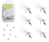 Fishing Treble Hooks Feather Dressed: 20pcs/Box White Feathered Treble Hook Size 6 with Split Rings Replacement for Fishing Lure Spinner Spoon Crankbait Making