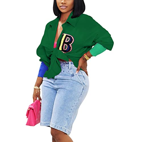 kaimimei Shirt Dress for Women Sexy-Color Block Letter Embroidery Button Down Long Sleeve Ribbed Cuff Club Blouse Mini Dress3