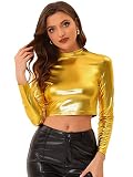 Allegra K Damen Metallic Oberteil Langarm Stehkragen Reißverschluss Club Party Cami Tank Top Gold XL