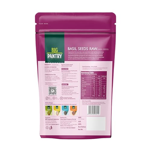 Image of Big Pantry Sweet Basil Seeds 200g | Sabja Tukmaria for Falooda, Smoothies & Weight Management | Rich in Dietary Fiber, Omega 3 & Antioxidants | Raw Non GMO Gluten Free