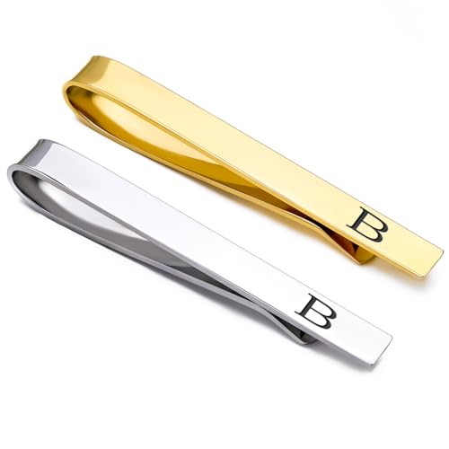 Image of GWD Stainless Steel Tie Clips for Men Personalized Initial Tie Bar Set | 2 Pcs Classic Letter Tie Clips for Men, Silver and 14K Gold Plated Tone