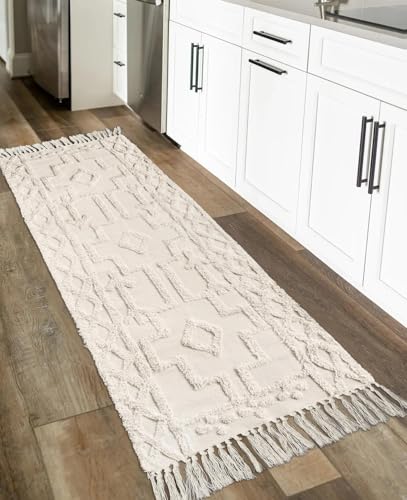Uphome Boho Hallway Runner Rug 2'x 6', Beige Cotton Washable Kitchen Rug Runners with Tassels, Hand Woven Western Entryway Runner Rugs, Morrocan Accent Throw Carpet for Hallways Bedroom Bathroom