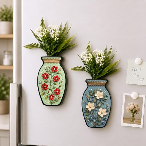 Image of Regalo Casila Magnetic Artificial Flower Vase Fridge Magnets Set of 2 Floral Botanical Art Decorative Refrigerator Kitchen Home Office Decor Housewarming Gift