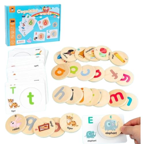 Image of PLUSPOINT Wooden Letters Matching Game with Flash Card Cognitive Words Round Blocks Children Wooden Interactive Learning Early Educational Toys for Kids 3-8 Years (Words Game)