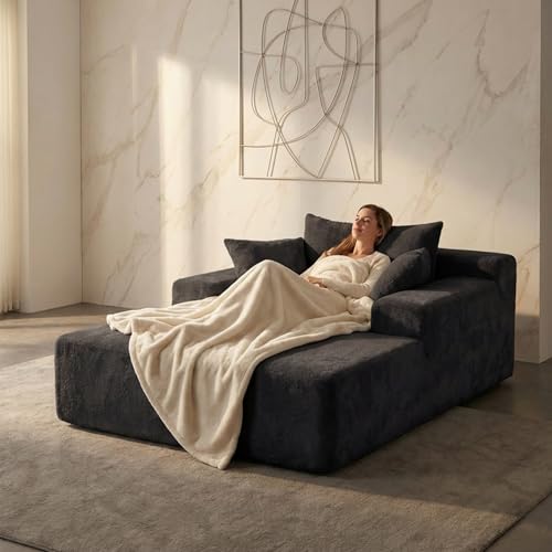 Image of Sytopia Chaise Lounge with Armrests, Oversized Sofa Bed with 3 Pillows, Cozy Boneless Couch, Sleeper Reading Chair for Living Room Bedroom, Floor Sofa Chenille, Furniture Sala, Black Onyx