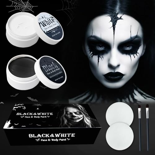 140g Faschingsschminke Theaterschminke Schwarz Weiß（70g pro Stück）mit 2 Pinseln+2 Puderquaste,Schminke Fasching Karnevalsschminke Gesichtsfarbe,für Skelett Zombie Vampir Halloween Schminke karneval
