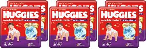 Image of Huggies Complete Comfort Wonder Pants | Pant Style Baby Diapers Large Size (L), 84 Count | India's Fastest Absorbing Diaper, Prevents Diaper Rash, Ideal for 9 to 14 Kgs (42 Count, Pack of 6)