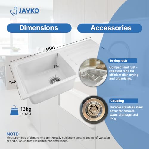 Image of JAYKO Quartz Acrylic Kitchen Sink for Modular Kitchen | Granite Finish, Scratch & Heat Resistant | Easy to Clean & Stylish Sink for Home (WI, 36x18in)