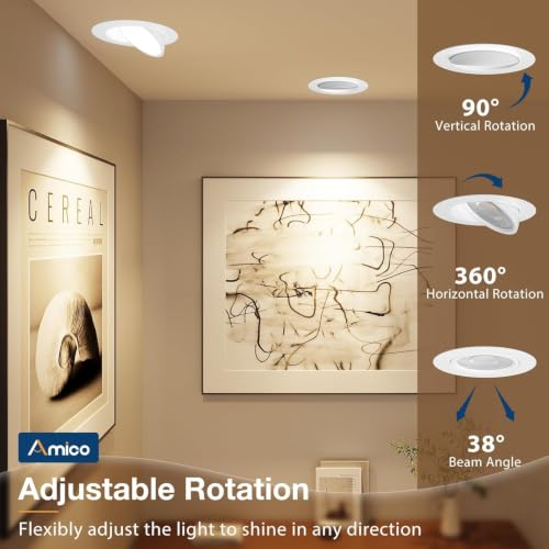 Amico 4 Pack 4 Inch 5CCT Gimbal LED Recessed Lighting, 360°&90° Adjustable Eyeball Directional Downlight, Dimmable, 2700K/3000K/3500K/4000K/5000K Selectable, CRI90+ 9W 700LM, ETL&FCC by Amico - Used condition - Image 2