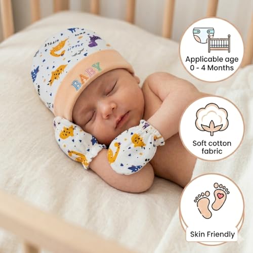Image of First Kick Baby Mitten Booty Cap Set - 3 Sets (Multicolour) Mittens for New Born Baby 0-3 Months| Useful Baby Shower Gift | Pocket-Friendly | Infant Apron | Soft New Born Cotton