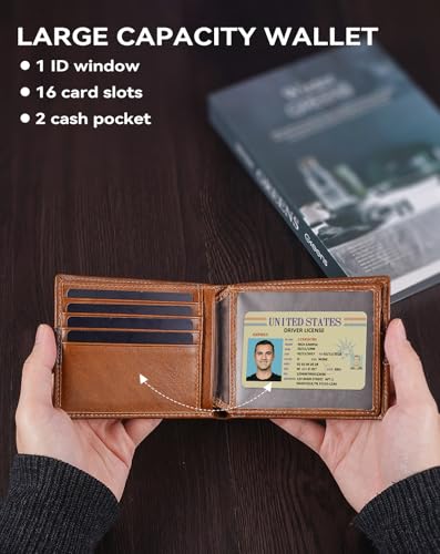 Swallowmall Genuine Leather RFID Wallet for Mens, Mens Bifold Wallet with 16 Card Holder 1 ID Window Gift for Him2