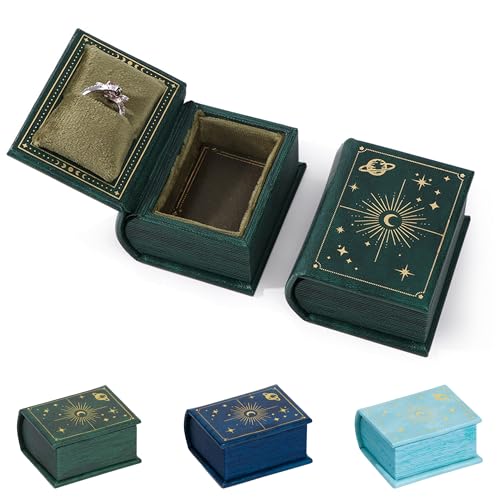 UINSUE Vintage Magic Book-Shaped Ring Box Starry Sky Pattern PU Leather with Magnetic Closure for Proposal Engagement Gift (Green)