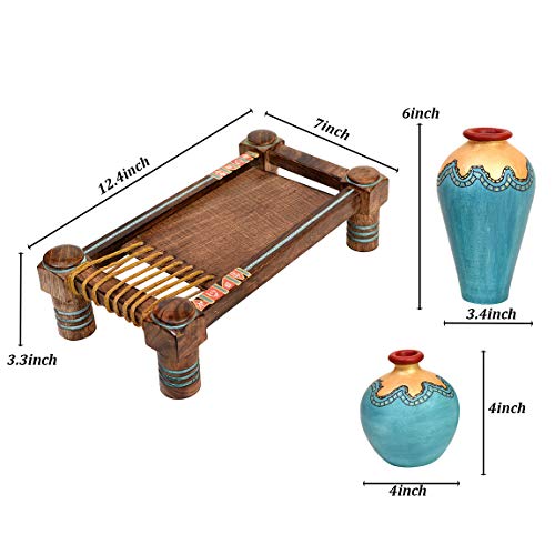 Image of Aakriti Art Creations Terracotta Vases Set of 2 with Wooden Chowki Stand, Turquoise Blue with Golden Glaze, Matte Finish Abstract Flower Vases for Living Room Decor, Table Decor