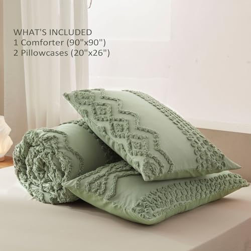 Image of Luxudecor Sage Green Tufted Comforter Set Queen Size 3 Pieces Boho Shabby Chic Comforter Farmhouse Embroidery Bedding Set Soft Comforter for All Seasons (Sage Green, 90''x90'')