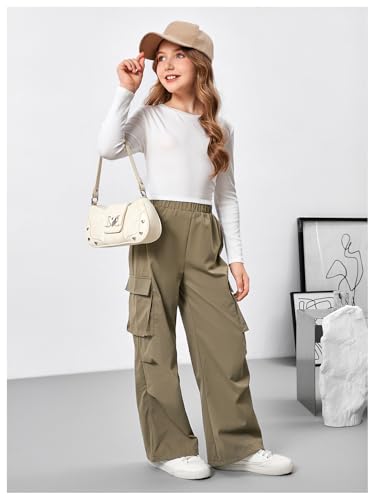 Image of SweatyRocks Girl's 2 Piece Outfits Ruched Long Sleeve T Shirt and Wide Leg Cargo Pants Set Green 10Y