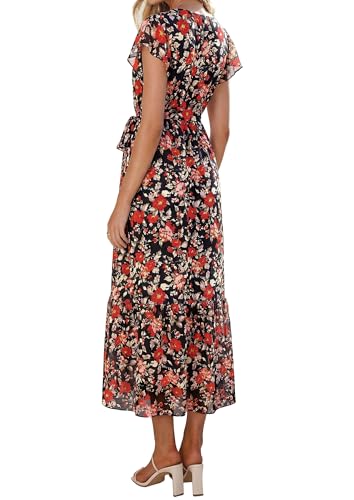 Image of PRETTYGARDEN 2023 Women's Floral Summer Dress V Neck Short Sleeve Ruffle Hem A-Line Boho Maxi Dresses