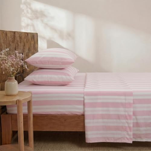 Image of Merryword 100% Cotton Sheet Set King Size - Pink Striped Bedding, Soft Breathable Percale Weave, Deep Pocket Fitted Sheet 17.5 inch, Luxury & Silky Soft Sheet Set for All Seasons